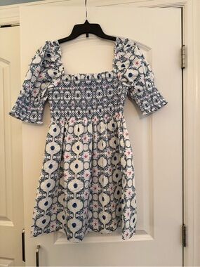 Hill House White Sundress with Blue Floral Rings and Pink Stars
